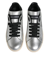 Dolce & Gabbana Silver Calf Leather Portofino Sneakers Shoes