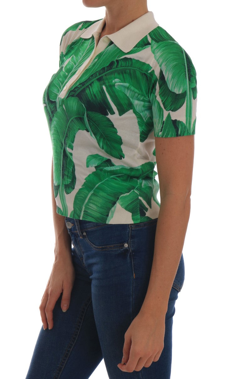 Dolce & Gabbana Elegant Silk Polo Top with Banana Leaf Motif