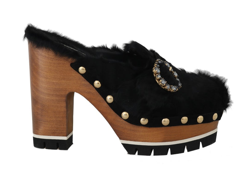 Dolce & Gabbana Black Lamb Fur Suede Slides with Crystal Studs