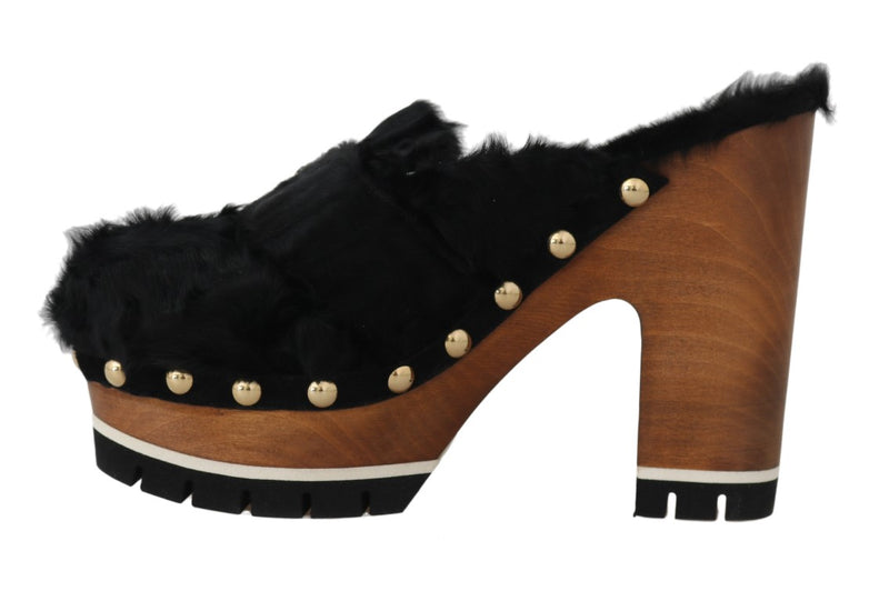 Dolce & Gabbana Black Lamb Fur Suede Slides with Crystal Studs