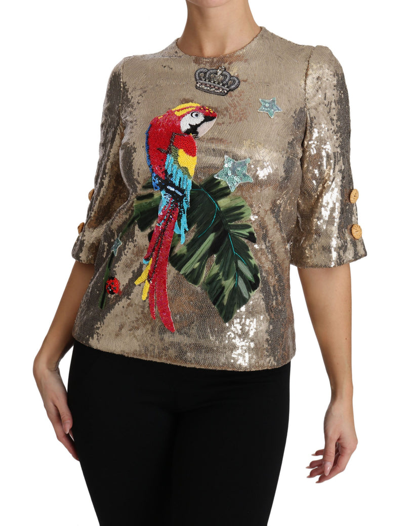 Dolce & Gabbana Gold Parrot Motif Crewneck Blouse with Crystals