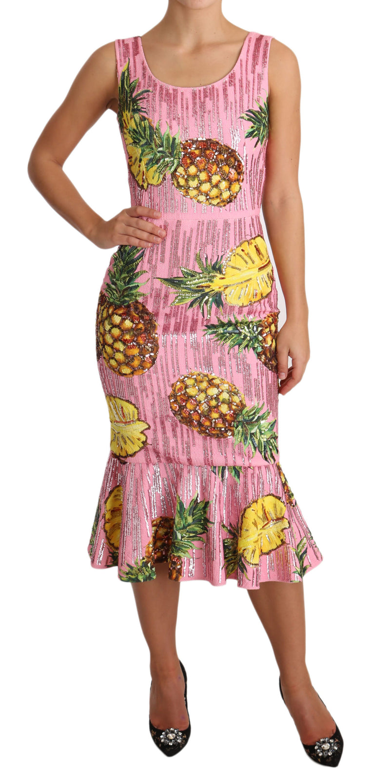 Dolce & Gabbana Sequined Pink Pineapple Midi Dress