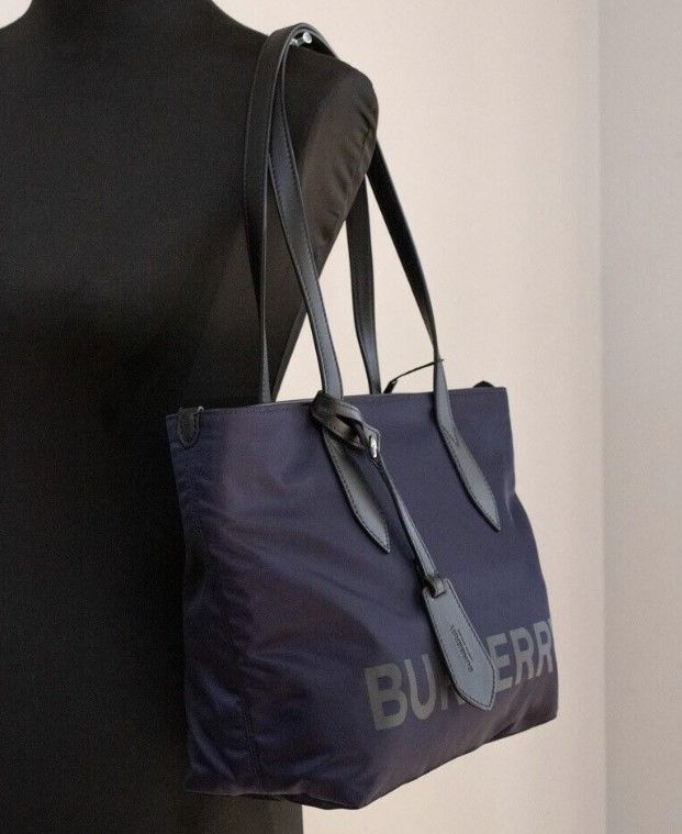 Burberry Small Navy Blue Logo Econyl Nylon Tote Shoulder Handbag Purse