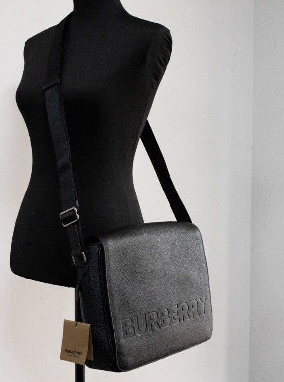 Burberry Bruno Small Black Embossed Branded Pebble Leather Messenger Handbag