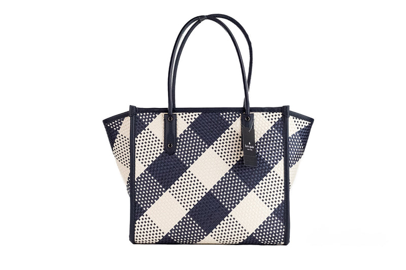 Kate Spade Ella Gingham Blazer Blue Oversized Woven Shoulder Tote Bag Purse