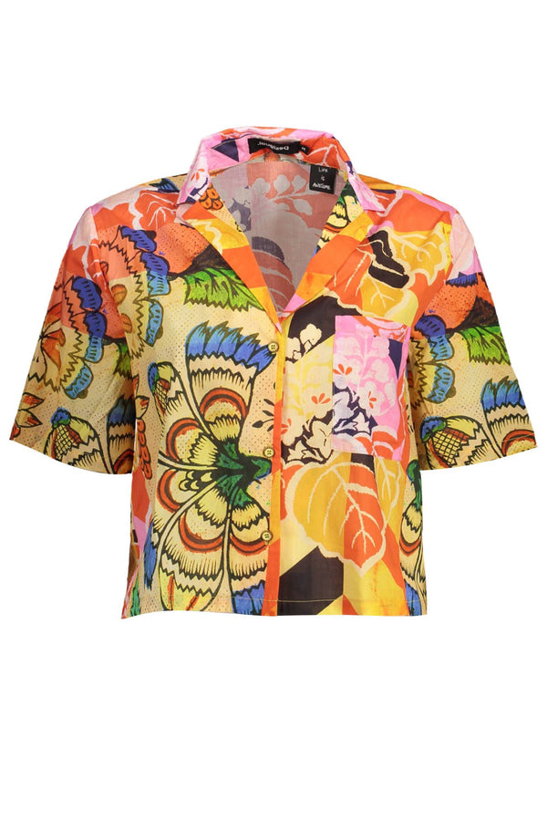 Desigual Vibrant Yellow Print V-Neck Shirt with Logo Detail